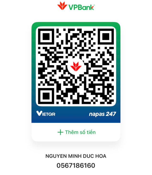Mã QR chuyển khoản VPBank - NGUYEN MINH DUC HOA - 0567186160